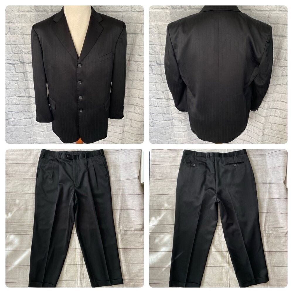 Zandello 2 piece pinstripe suit w/button front jacket 46R cuffed pants 40R black